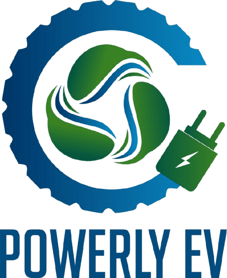 A green and blue logo for the power ev company.